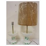 1115	PAIR OF MID CENTURY MODERN MILK GLASS, GREEN IVY TABLE LAMPS, 1 SHADE MISSING