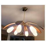 1117	UNUSUAL MID CENTURY MODERN HANGING LIGHT FIXTURE, WITH 6 WALNUT & BENTWOOD PEDALS AND 6 FROSTED