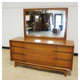1122	MID CENTURY MODERN KENT COFFEY *FORUM* WALNUT/PECAN 9 DRAWER TRIPLE CHEST, APPROXIMATELY 64 IN 