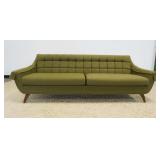 1145	MID CENTURY MODERN VINTAGE GREEN UPHOLSTERED SOFA, APPROXIMATELY 85 IN X 32 IN X 30 IN H