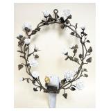 1184	HANGING CERAMIC PARROT ON BRONZE WREATH WITH CERAMIC FLOWERS ON BOTH SIDES, APPROXIMATELY 18 IN