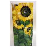 1185	HAND PAINTED SUNFLOWER SQUARE GLASS VASE, ARTIST SIGNED AND DATED, APPROXIMATELY 7 IN X 5 IN X 