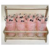 1224	VINTAGE MID CENTURY MODERN DRINK GLASSES IN WOOD CARRIER, 8 MATCHING