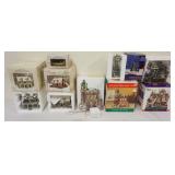 1263	GROUP OF 7 ASSORTED HOLIDAY PORCELAIN BUILDINGS & FIXTURES INCLUDING CURRIER & IVES & HALLOWEEN