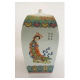 1011	ASIAN PORCELAIN COVERED JAR, APPROXIMATELY 7 IN SQUARE X 14 IN HIGH