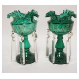 1015	PAIR OF VICTORIAN MINIATURE EMERALD GREEN GLASS HAND PAINTED LUSTRES W/PRISIMS, EACH APPROXIMAT
