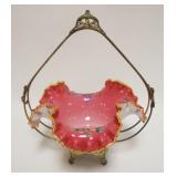 1016	VICTORIAN PINK CASED GLASS HAND PAINTED BRIDES BASKET W/AMBER GLASS EDGE, APPROXIMATELY 11 IN X