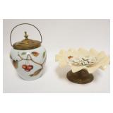 1017	ANTIQUE MILK GLASS BISCUIT JAR & HAND PAINTED COMPOTE, COMPOTE APPROXIMATELY 8 IN X 4 IN HIGH