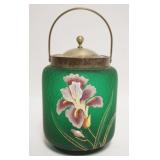 1018	ANTIQUE EMERALD GREEN SATIN GLASS HAND PAINTED BISCUIT JAR, APPROXIMATELY 8 IN HIGH