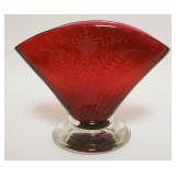 1020	ANTIQUE CRANBERRY BLOWN GLASS FAN VASE, WHEEL CUT DESIGN, GROUND & POLISHED BASE, APPROXIMATELY