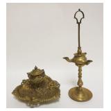 1023	ANTIQUE BRASS INKWELL W/EMBOSSED CHERUB FACES & BETTY LAMP, LAMP APPROXIMATELY 13 IN HIGH