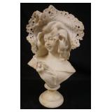 1027	CARVED MARBLE BUST OF WOMAN WEARING LACE HAT, SOME LOSS TO LACE, APPROXIMATELY 16 IN X 10 IN