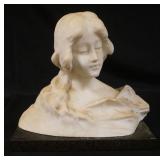 1028	CARVED MARBLE 2 PART BUST OF WOMAN, ARTIST SIGNED ON BACK, APPROXIMATELY 7 IN X 13 IN X 12 IN H
