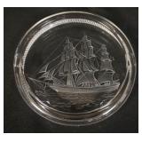 1056	LALIQUE ASHTRAY W/CUT IMAGE OF A SCHOONER, APPROXIMATELY 7 IN X 1 1/2 IN HIGH