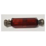 1058	ANTIQUE RUBY GLASS PERFUME BOTTLE, DOUBLE ENDED, APPROXIMATELY 1 1/4 IN X 4 1/4 IN