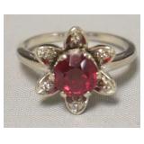 1067	RUBY & DIAMOND STONE FLOWER RING SIZE 5.5, 2.5 DWT WITH STONES, MARKED 14K