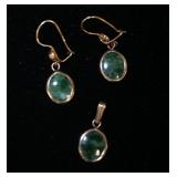 1072	14K YELLOW GOLD TRIM MATCHING EARRINGS & PENDANT W/JADE, 1.9 DWT INCLUDING STONES