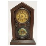1091	ANTIQUE SHELF CLOCK E INGRAHAM & CO *DORIC* W/IMAGE OF GAZEBO & SWANS ON LAKE ON LOWER DOOR, UN