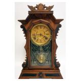 1092	ANTIQUE SHELF CLOCK INGRAHAM & CO W/REVERSE STENCILED DRAWER, APPLIED STAR MISSING AT CREST, AP