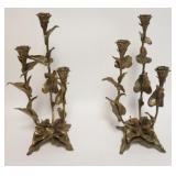 1097	PAIR OF ORNATE FLORAL BRASS CANDELABRA, ARTIST SIGNED ON BASE, APPROXIMATELY 15 IN HIGH
