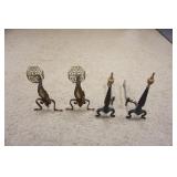 1100	2 PAIR ANDIRONS, ONE W/FRETWORK BRASS URN & FLOWERS AT TOP, TALLEST APPROXIMATELY 21 IN HIGH