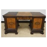 1102	ANTIQUE OAK DESK W/2 INLAID BURL WOOD DOORS & CENTER DRAWER, CARVED ACANTHUS HALF COLUMNS ON PA