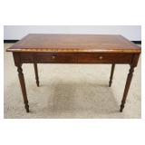 1121	MAHOGANY 2 DRAWER WRITING TABLE W/BANDED & BOOK MATCHED DIAMOND INLAY TOP, APPROXIMATELY 29 IN 