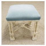1124	FAUX BAMBOO UPHOLSTERED STOOL, SOME DISCOLORATION ON UPHOLSTERY, APPROXIMATELY 18 IN SQUARE X 2
