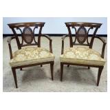 1143	PAIR OF WALNUT UPHOLSTERED ARMCHAIRS W/CANED MEDALION BACK CENTERS