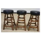 1146	3 OAK BAR STOOLS W/BLACK LEATHER SEATS & BRASS TACK ACCENTS, APPROXIMATELY 31 IN HIGH