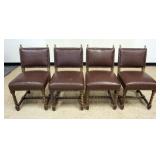 1149	SET OF 4 ENGLISH OAK CHAIRS W/BROWN LEATHER SEATS & BACKS, METAL TACK ACCENTS & BRASS ACORN FIN