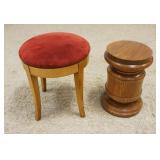 1161	VELOUR UPHOLSTERED STOOL & OAK PEDESTAL, STOOL APPROXIMATELY 16 IN X 20 IN HIGH