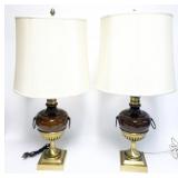 1185	PAIR OF FREDRICK COOPER TABLE LAMPS, WOOD & BRASS DOUBLE HANDLE URNS, EACH APPROXIMATELY 34 IN 