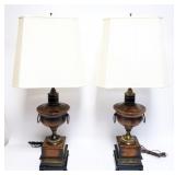 1186	PAIR OF FREDRICK COOPER TABLE LAMPS, WOOD & BRASS DOUBLE HANDLE URNS, EACH APPROXIMATELY 36 IN 
