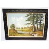 1203	OIL PAINTING ON CANVAS, LANDSCAPE STREAM IN WOODED PASTURE, ARTIST SIGNED APPROXIMATELY 32 IN X