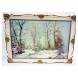 1204	OIL PAINTING ON CANVAS, LANDSCAPE WINTER, APPROXIMATELY 30 IN X 42 IN