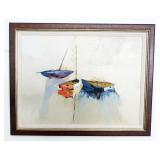 1207	OIL PAINTING ON CANVAS *BOATS AT DAWN* ARTIST CAROL HANSON WYCOFF NJ, APPROXIMATELY 30 IN X 38 