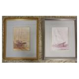 1211	PAIR OF FRAMED & MATTED SHIP PRINTS, ARTIST SIGNED, EACH APPROXIMATEL 9 1/2 IN X 11 1/2 IN OVER