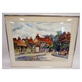 1213	FRAMED & MATTED WATERCOLOR, VILLAGE SCENE, ARTIST SIGNED & DATED 1960, APPROXIMATELY 31 IN X 24