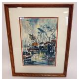 1214	FRAMED & MATTED WATERCOLOR, ABSTRACT HARBOR SCENE, APPROXIMATELY 17 IN X 22 IN OVERALL