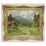 1216	OIL PAINTING ON CANVAS, LANDSCAPE VIEW OF PATH ALONG MOUNTAIN SIDE, ARTIST SIGNED, APPROXIMATEL