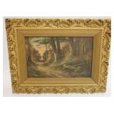 1219	OIL PAINTING ON BOARD, IMAGE OF PATH THROUGH FOREST, ARTIST SIGNED LOWER LEFT, APPROXIMATELY 10