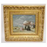 1221	CONTEMPORARY PAINTING ON BOARD OF VICTORIAN SHORE SCENE IN ORNATE GILT FRAME, ARTIST SIGNED, AP