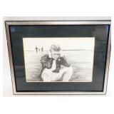 1231	FRAMED AND MATTED ARTWORK, IMAGE OF MAN SITTING WEARING AN EYE PATCH WITH BOTH HANDS CLASPED OV