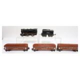1241	LIONEL TRAIN O GAUGE #258 LOCOMOTIVE AND TENDER, 2 - # 2642 PULLMAN CARS AND #2643 OBSERVATION 