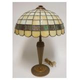 1001	ANTIQUE TIFFANY STYLE TABLE LAMP W/LEADED GLASS SHADE, APPROXIMATELY 24 IN HIGH