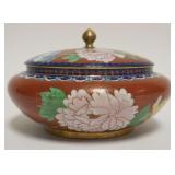 1004	CLOISONNE ENAMELED COVERED BOWL W/IMAGES OF BLUE BIRD & FLOWERS ALL AROUND, APPROXIMATELY 8 IN 
