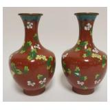 1005	PAIR OF CLOISONNE ENAMELED VASES W/IMAGES OF VINES & FLOWERS ALL AROUND, EACH APPROXIMATELY 9 1