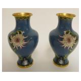 1007	PAIR OF CLOISONNE ENAMELED VASES W/IMAGES OF BIRDS & FLOWERS