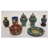 1020	GROUP OF ASSORTED CLOISONNE ENAMELED ITEMS, MINIATURE COVERED URNS, VASES, & SMALL PLATE W/JADE